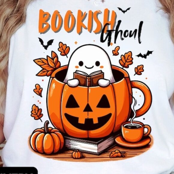 Bookish Ghost Pumpkin Shirt, Cute Artsy Trendy Bookish Halloween T-Shirt - Picture 2 of 4